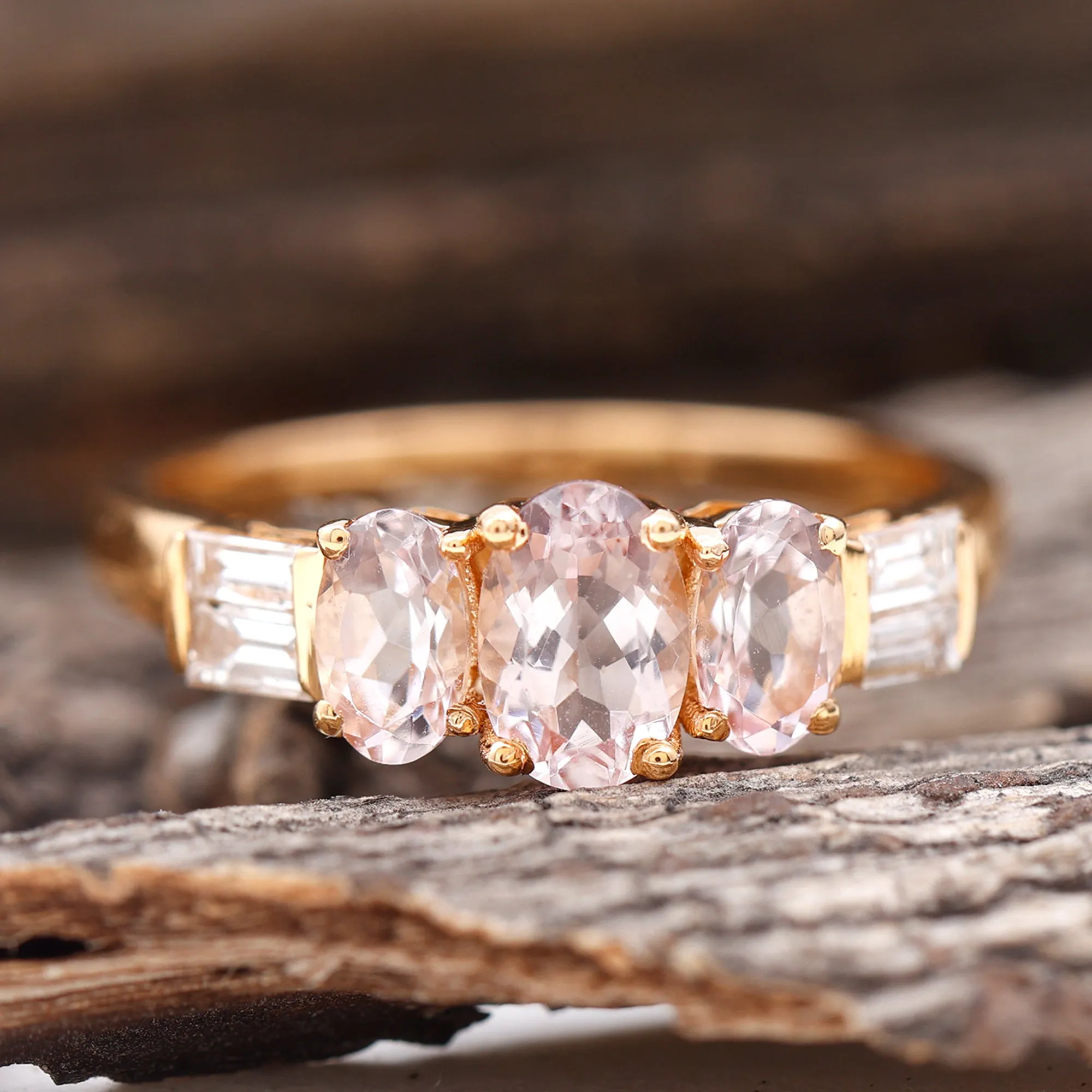 0.75 CT Oval Cut Morganite Three Stone Ring with Diamond