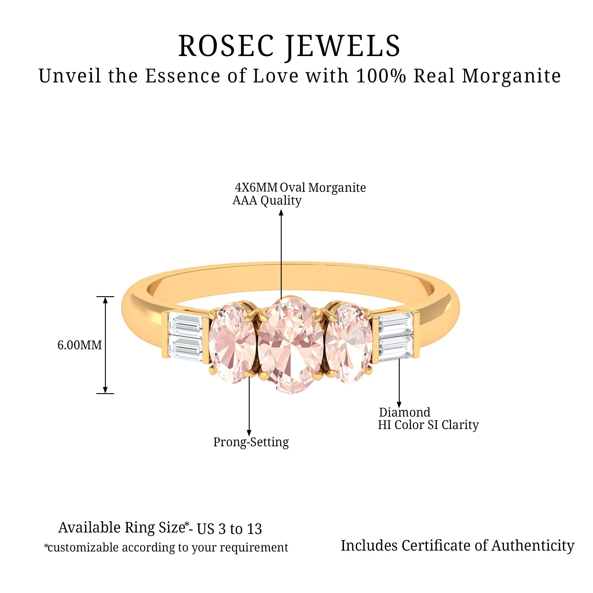 0.75 CT Oval Cut Morganite Three Stone Ring with Diamond