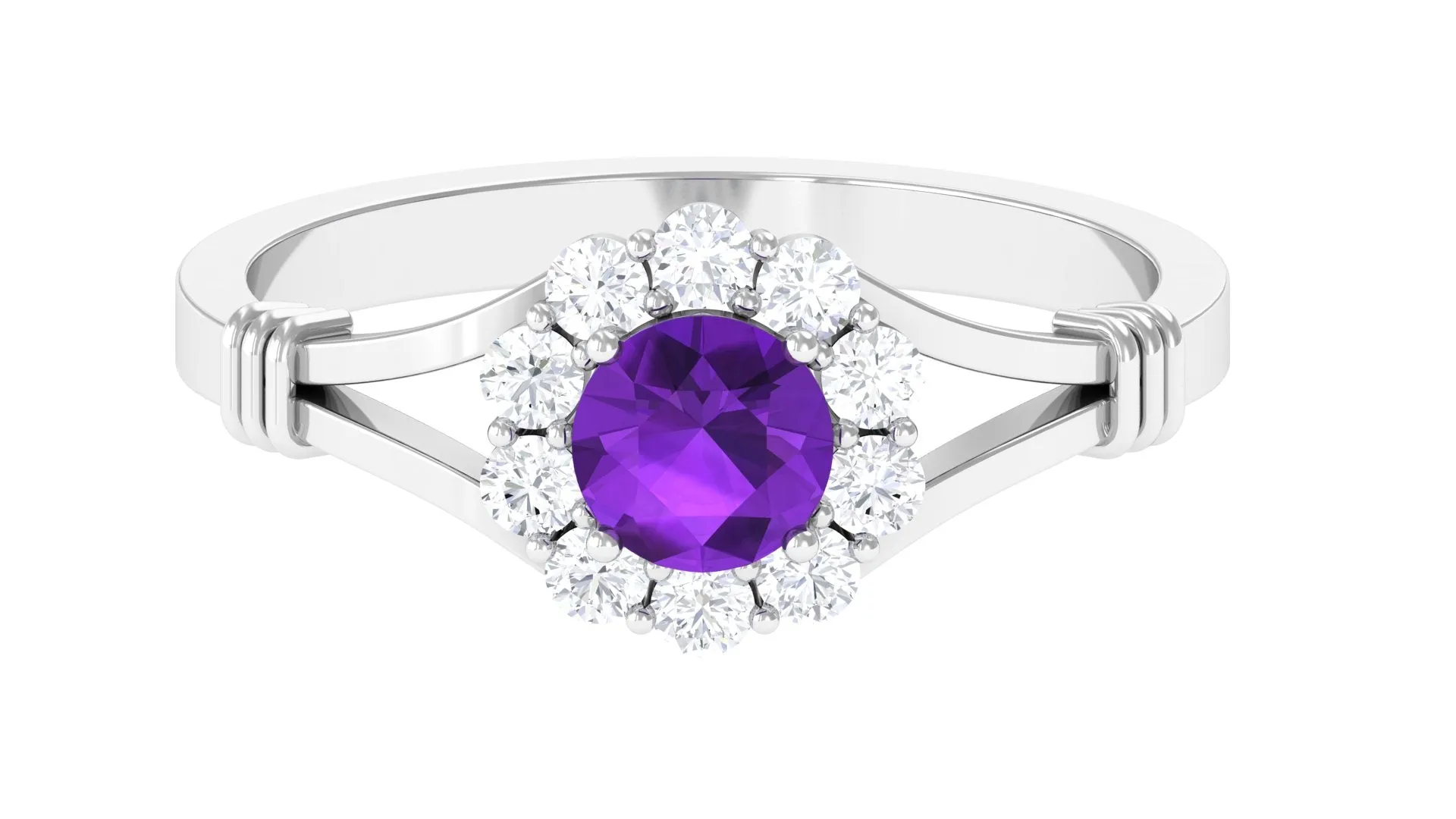 1 CT Amethyst and Diamond Halo Split Shank Ring