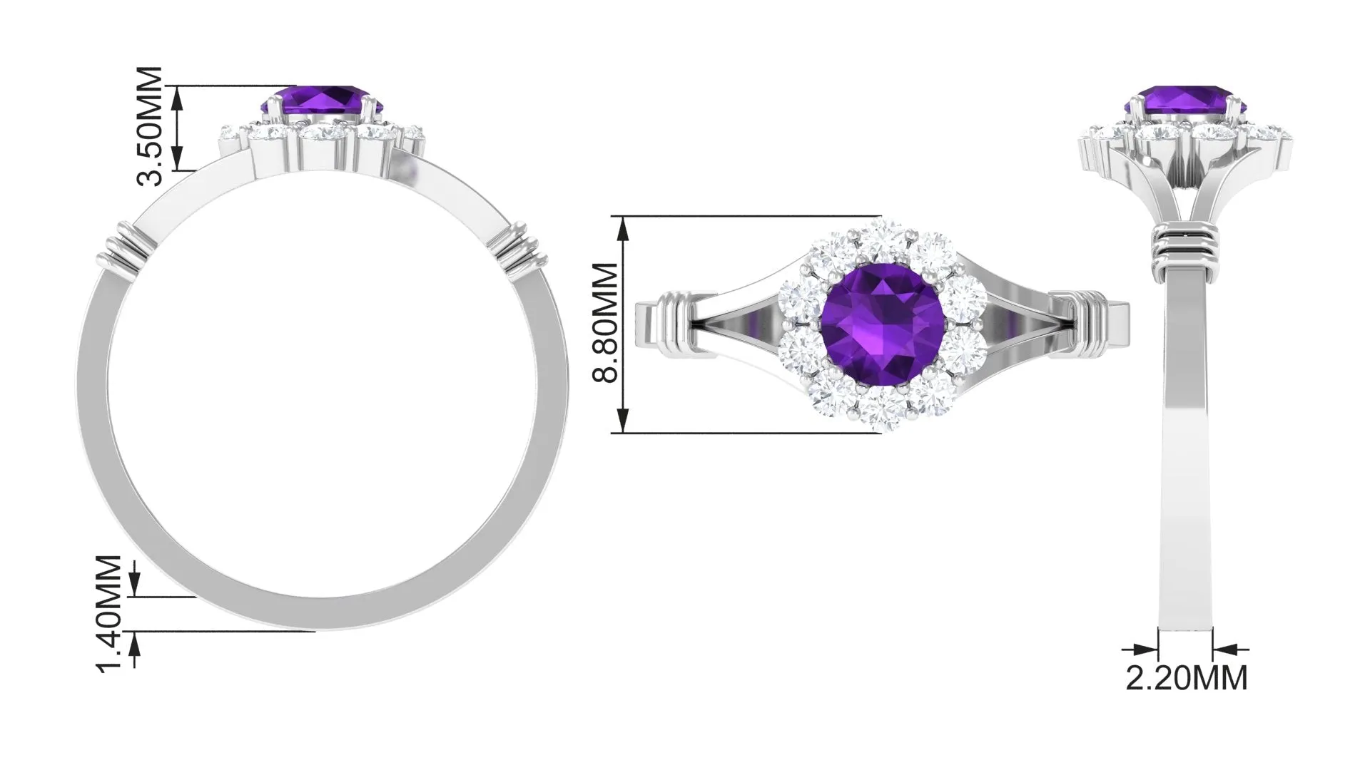 1 CT Amethyst and Diamond Halo Split Shank Ring