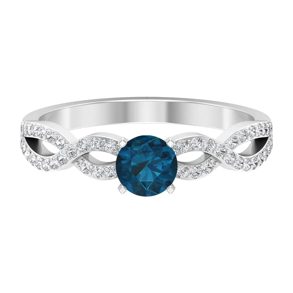 1 CT Round Shape London Blue Topaz and Diamond Criss Cross Ring