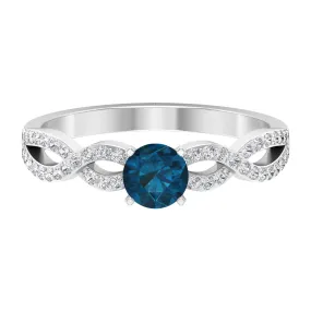 1 CT Round Shape London Blue Topaz and Diamond Criss Cross Ring