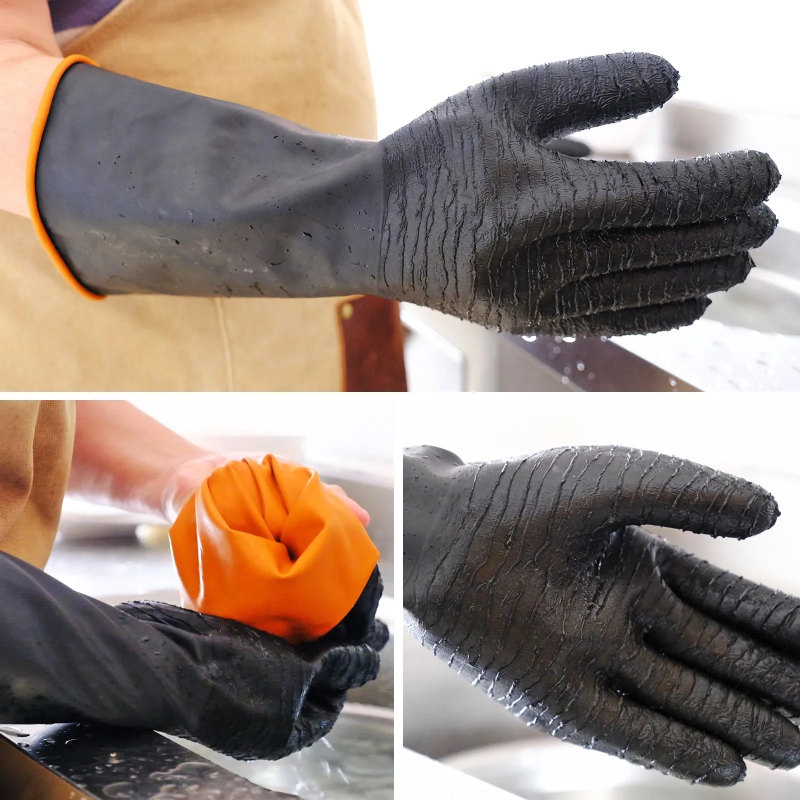 10 Pairs Heavy Duty Black Rubber Gloves with Crinkle Finish/Rolled Cuff