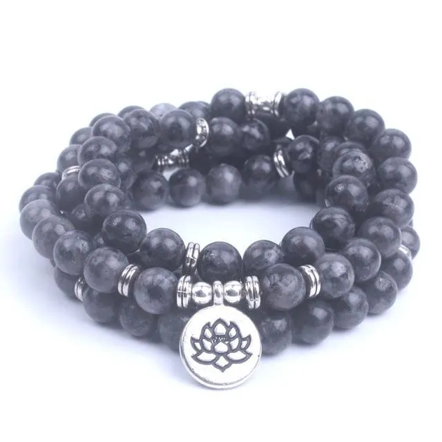 108 Beads Labradorite Mala Lotus / Om / Buddha Charm Bracelet