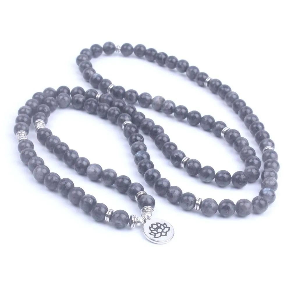 108 Beads Labradorite Mala Lotus / Om / Buddha Charm Bracelet