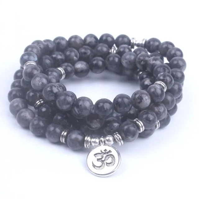 108 Beads Labradorite Mala Lotus / Om / Buddha Charm Bracelet