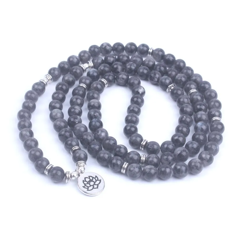 108 Beads Labradorite Mala Lotus / Om / Buddha Charm Bracelet