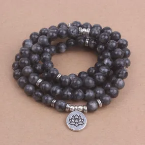 108 Beads Labradorite Mala Lotus / Om / Buddha Charm Bracelet