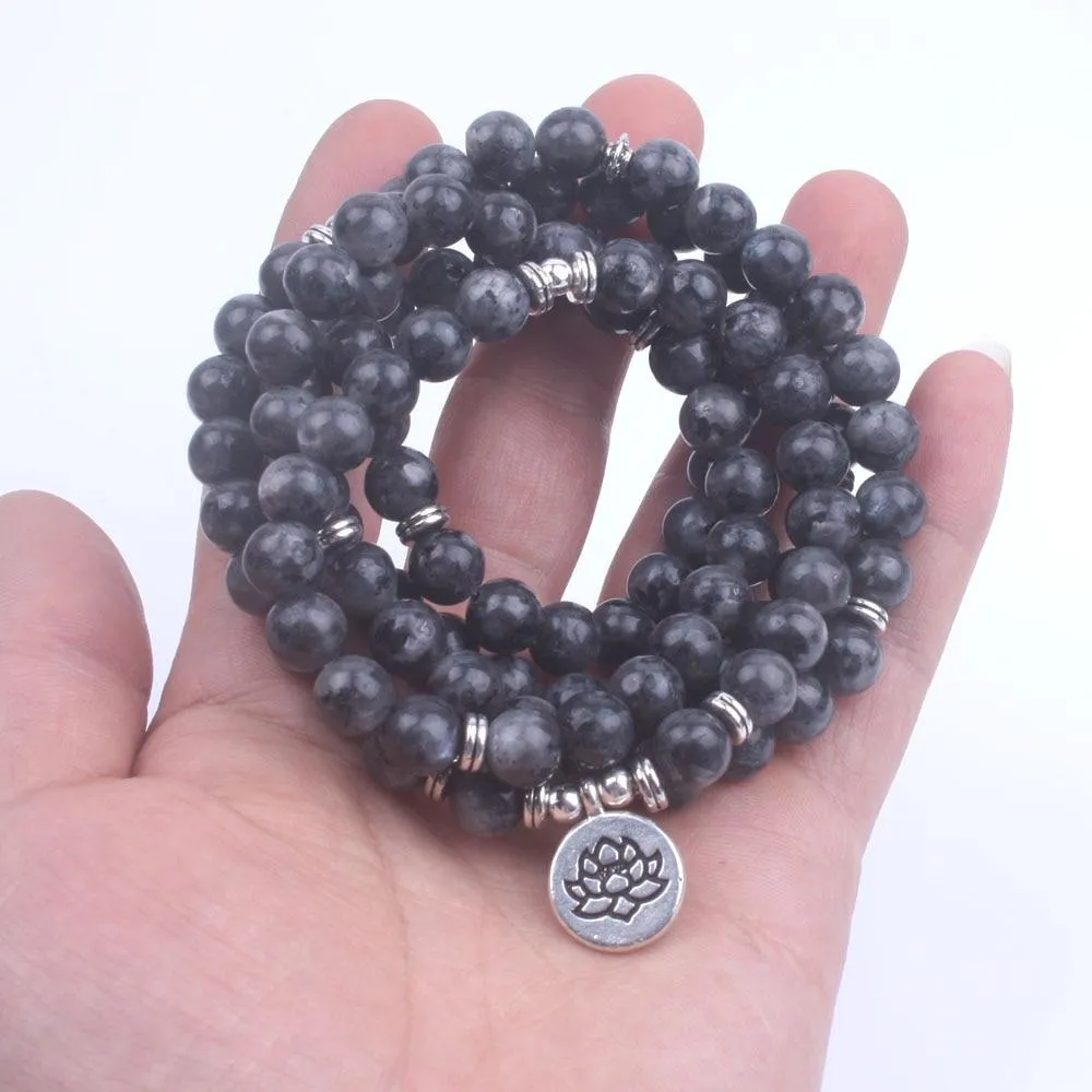 108 Beads Labradorite Mala Lotus / Om / Buddha Charm Bracelet