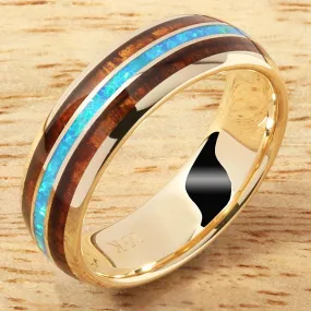 10K Yellow Gold Natural Koa Wood and Opal Triple Row Oval Wedding Ring 6mm