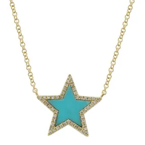 14K Gold Diamond Halo Turquoise Star Necklace