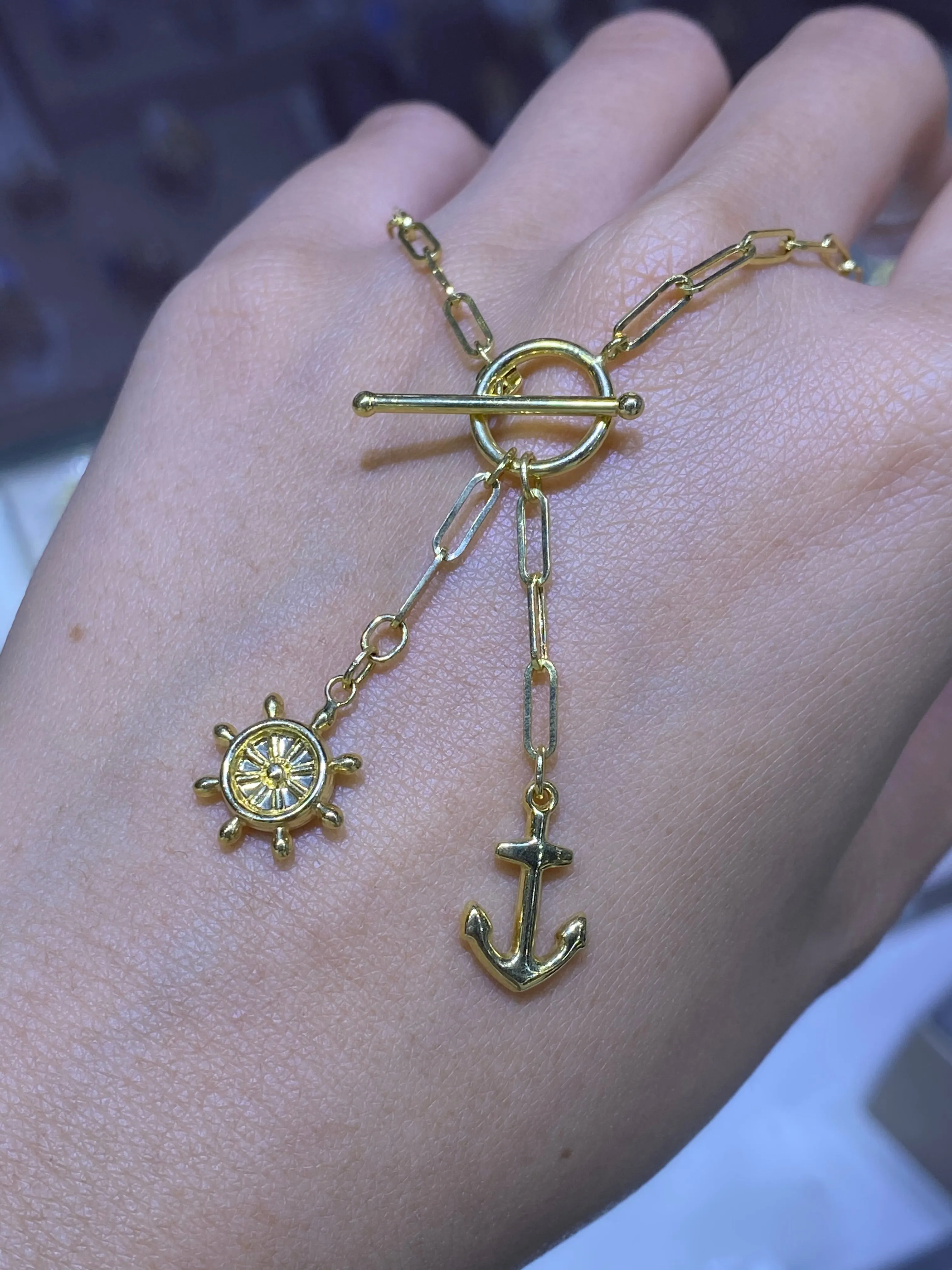 14K Gold Paper Clip Anchor and Helm Charm Necklace