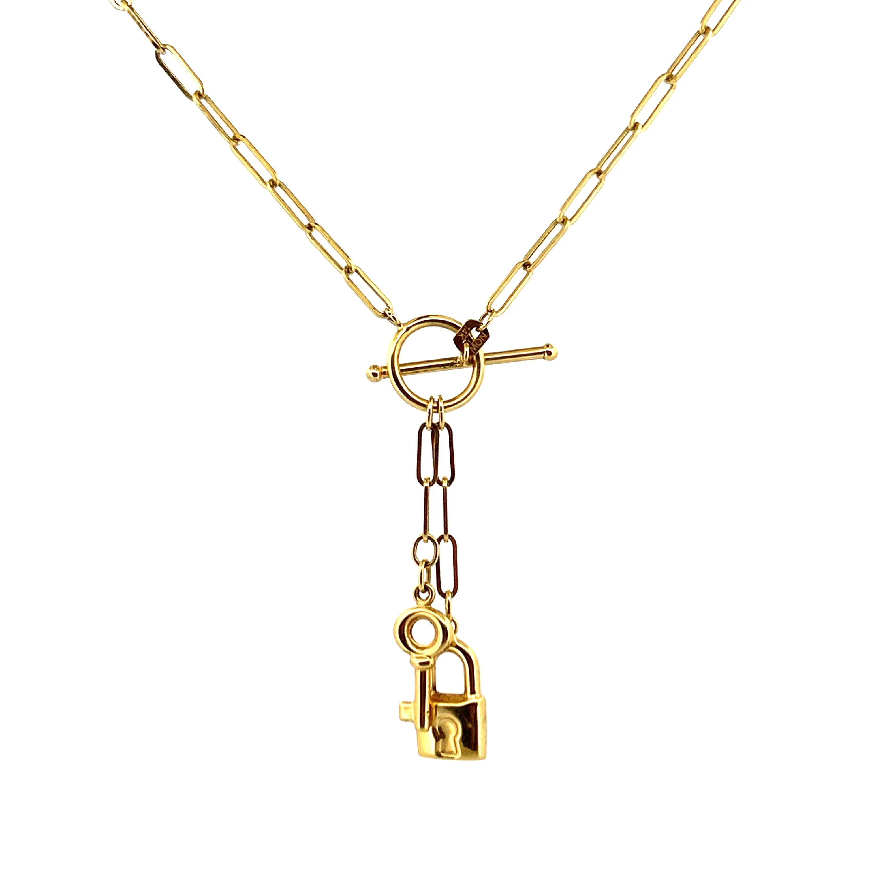 14K Gold Paper Clip Key and Lock Charm Necklace