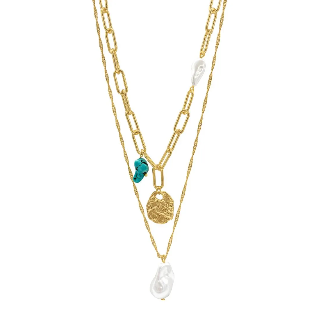 14k Gold Plated Pearl and Turquoise Stone Pendants Layered Necklace