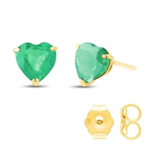 14K. Gold Stud Earrings w/ Natural Heart Emeralds