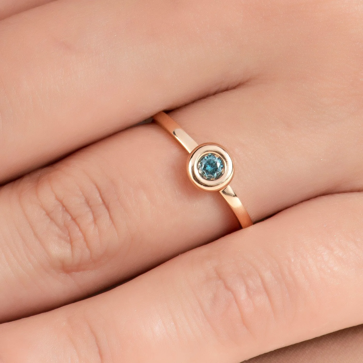 14K Solid Gold Solitaire Ring with Blue Diamonds