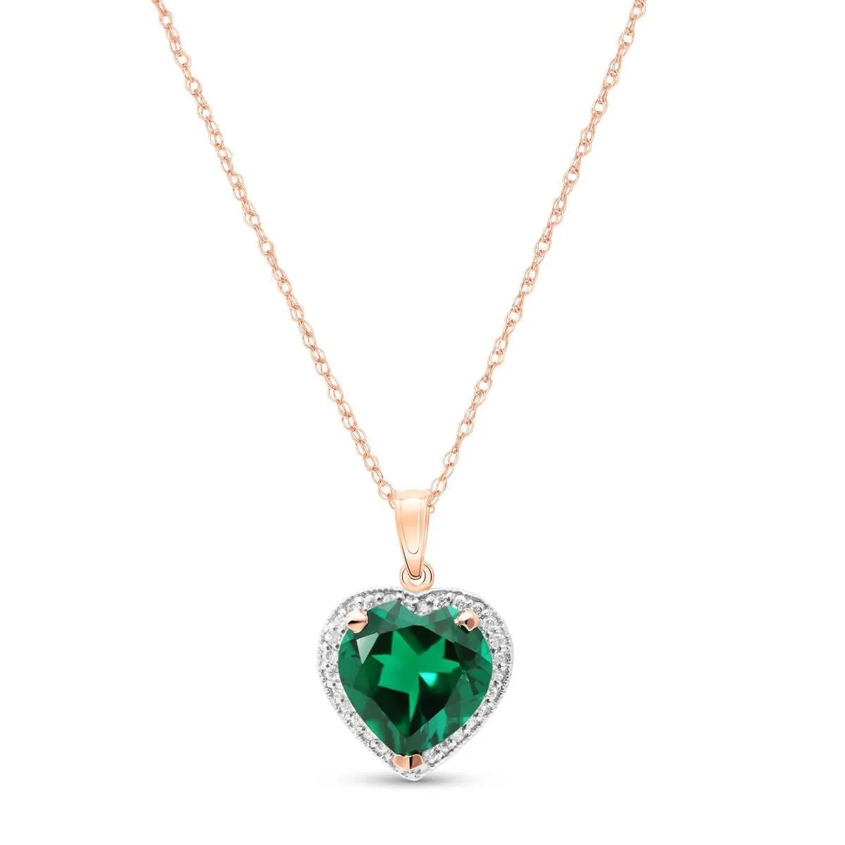 14K Solid Rose Gold Halo Pendant Necklace With Natural Diamonds & Genuine Heart Emerald 2.89 CTW High Polished Brilliant Cut - Grade AAA