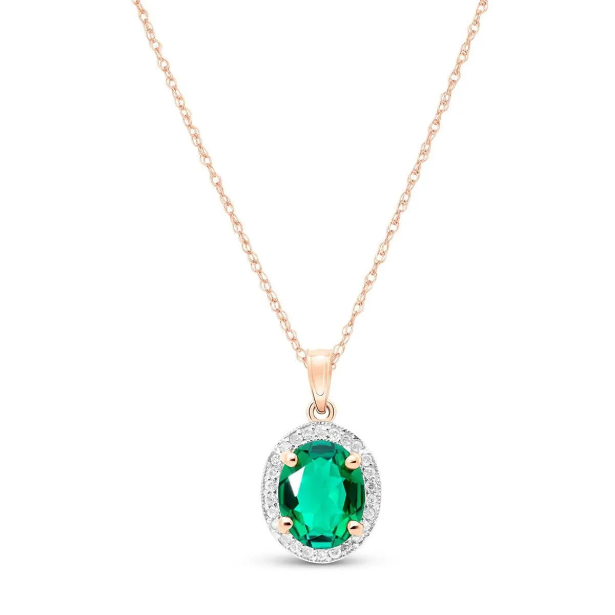 14K Solid Rose Gold Necklace With Natural Diamonds & Genuine Emerald 2.04 ctw High Polished Brilliant Cut - Grade AAA