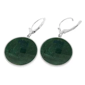 14K Solid White Gold Leverback Earrings w/ Checkerboard Cut Round Emerald Color Corundum