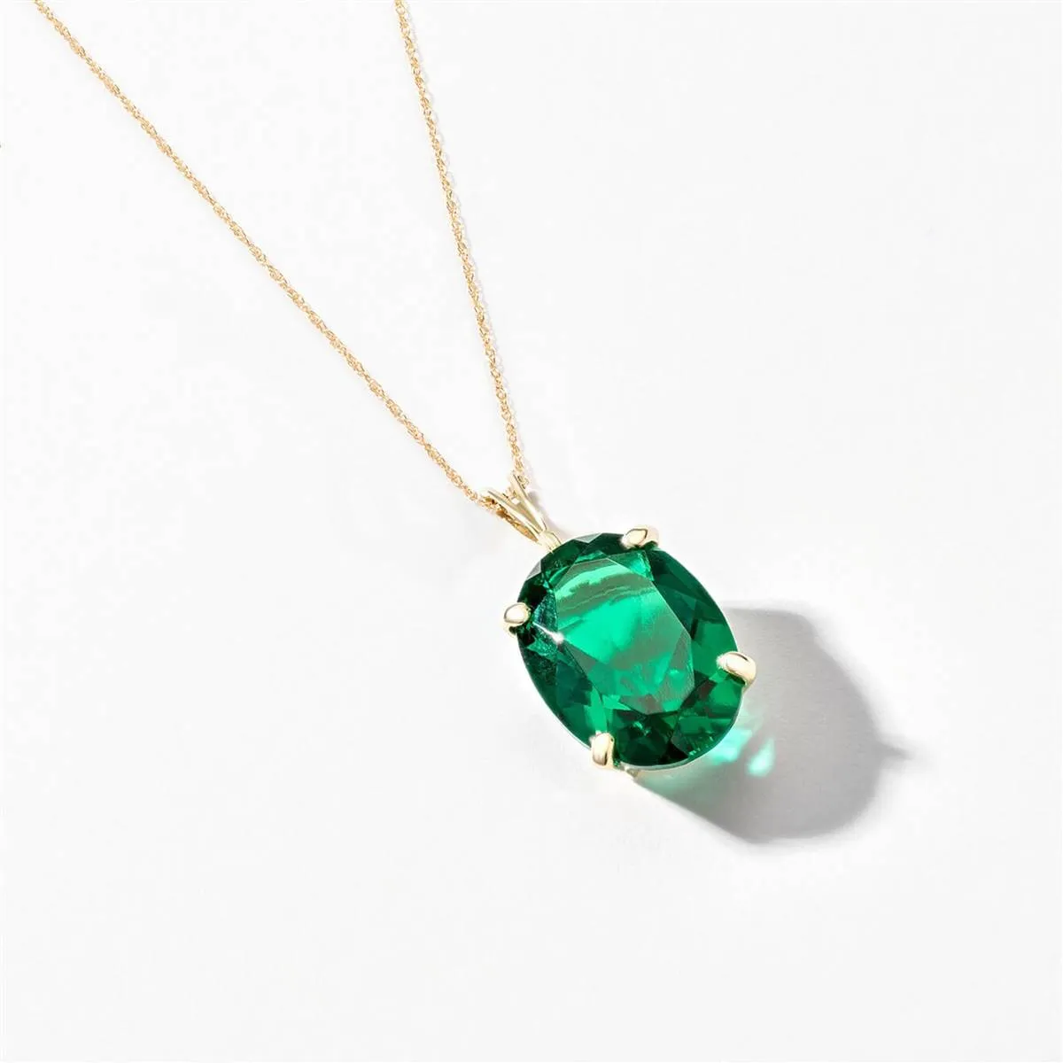 14K Solid Yellow Gold Necklace With Oval Shape 4.5 ctw High Polished Genuine Emerald - Grade AAA