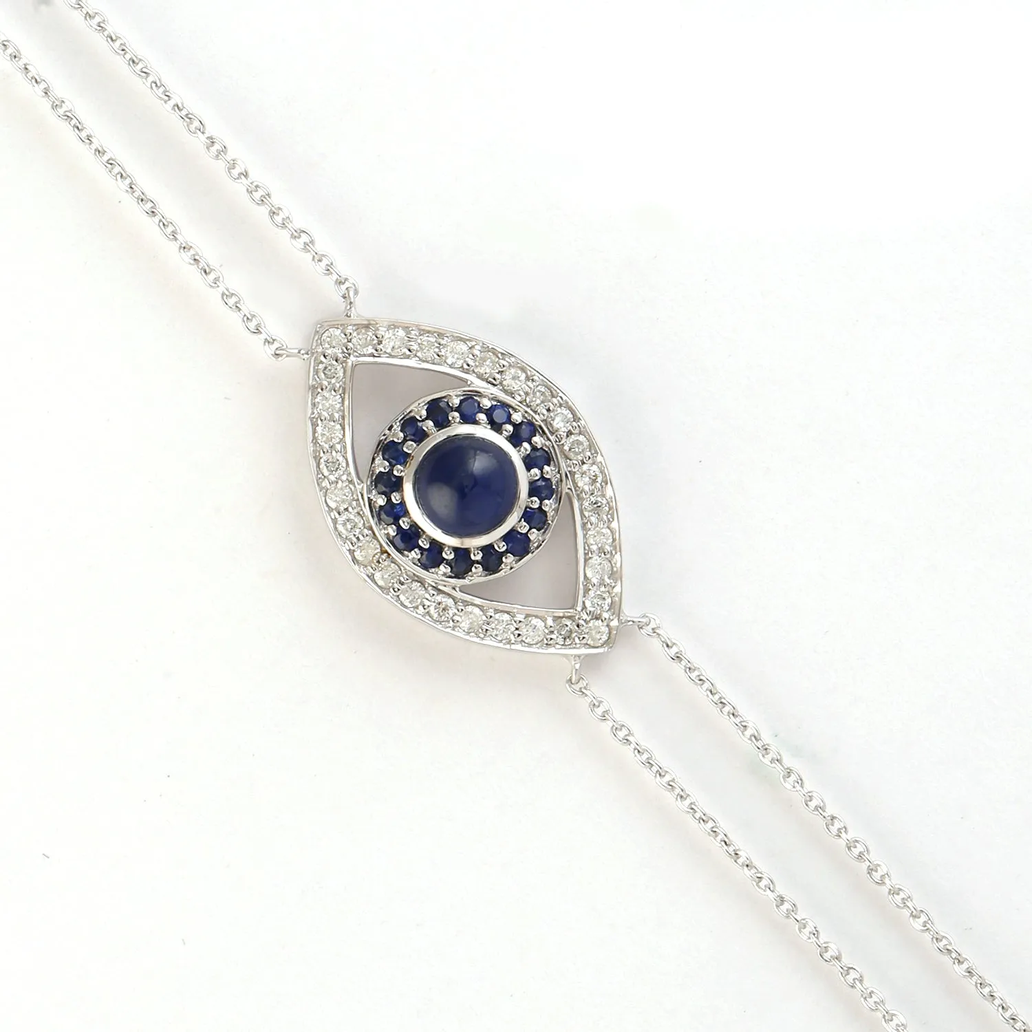 14K White Gold Evil Eye Diamond Sapphire Bracelet Handmade Jewelry