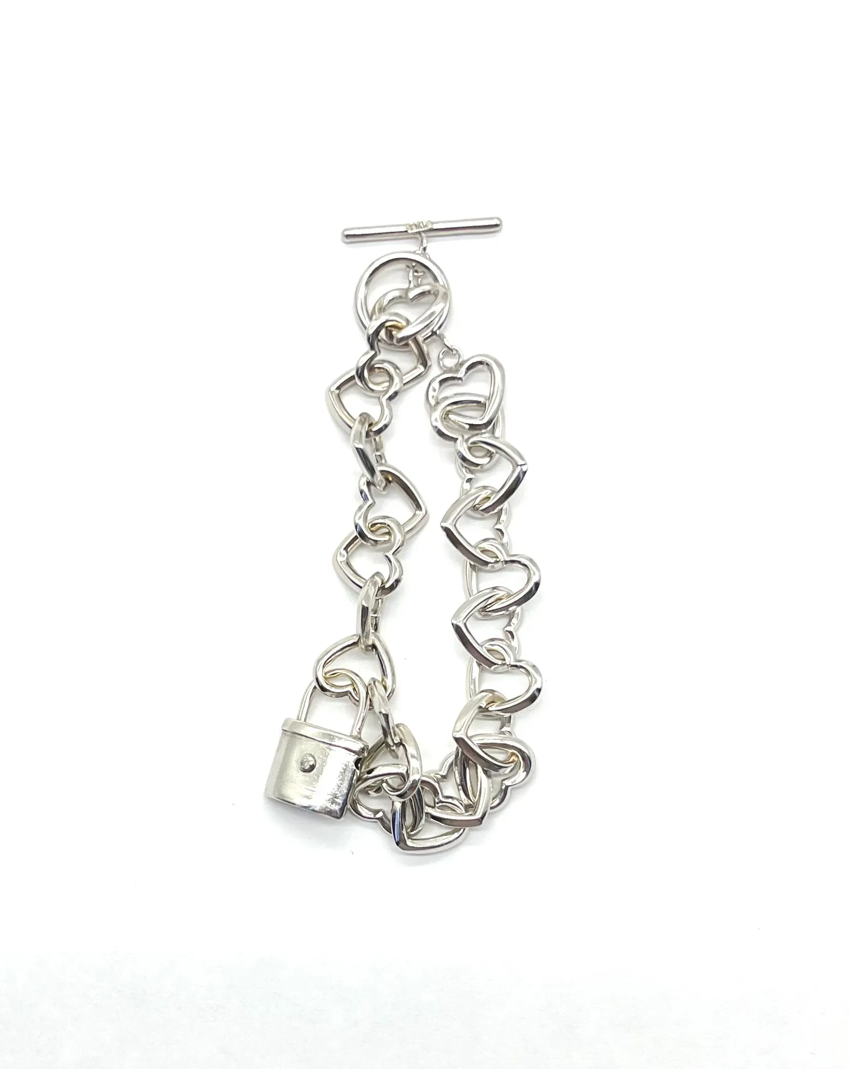 14k White Gold Heart Link Toggle Bracelet with Lock