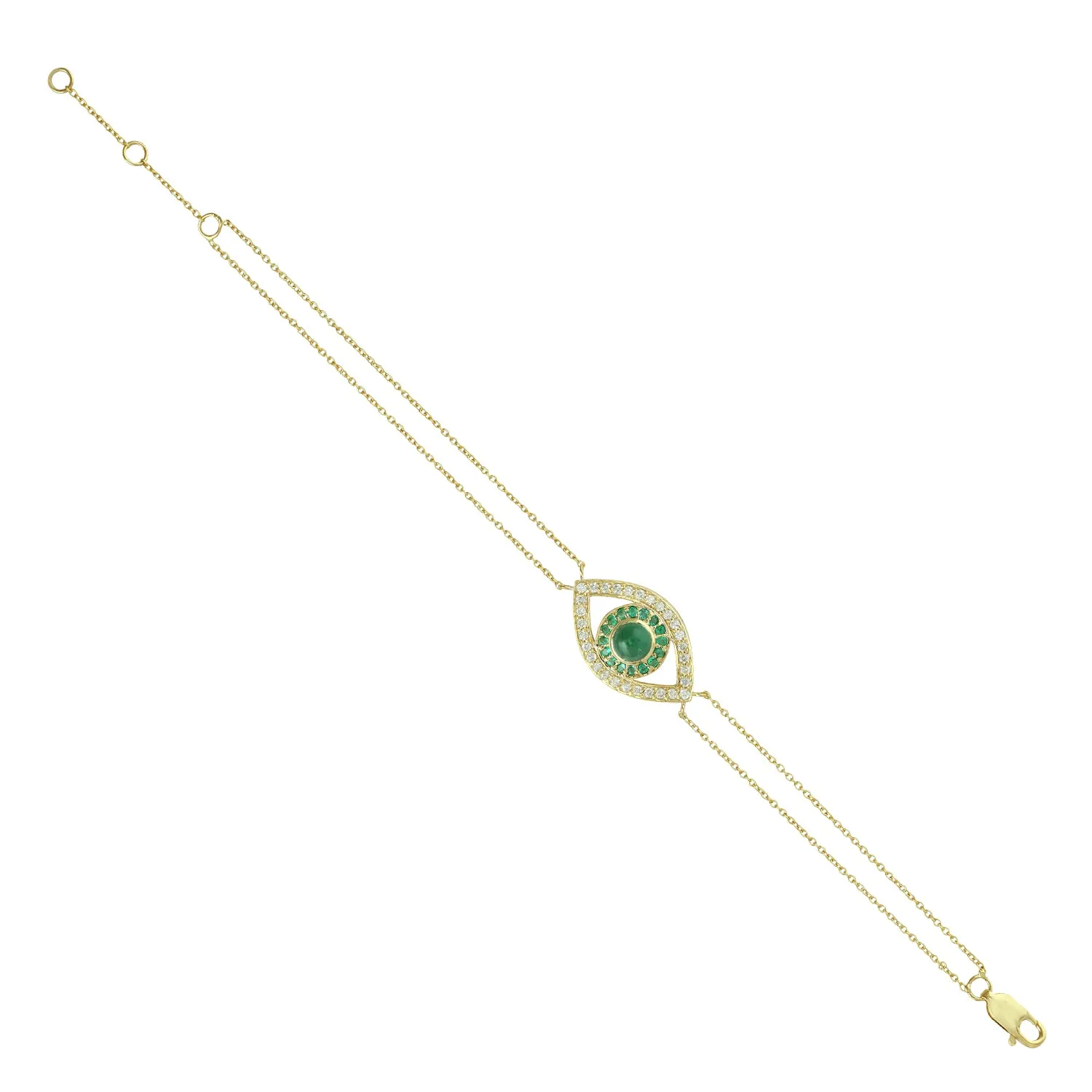 14k Yellow Gold Chain Natural Emerald Evil Eye Charm Bracelet