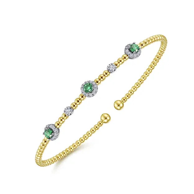 14KWY Bujukan Emerald and Diamond Halo Cuff Bracelet