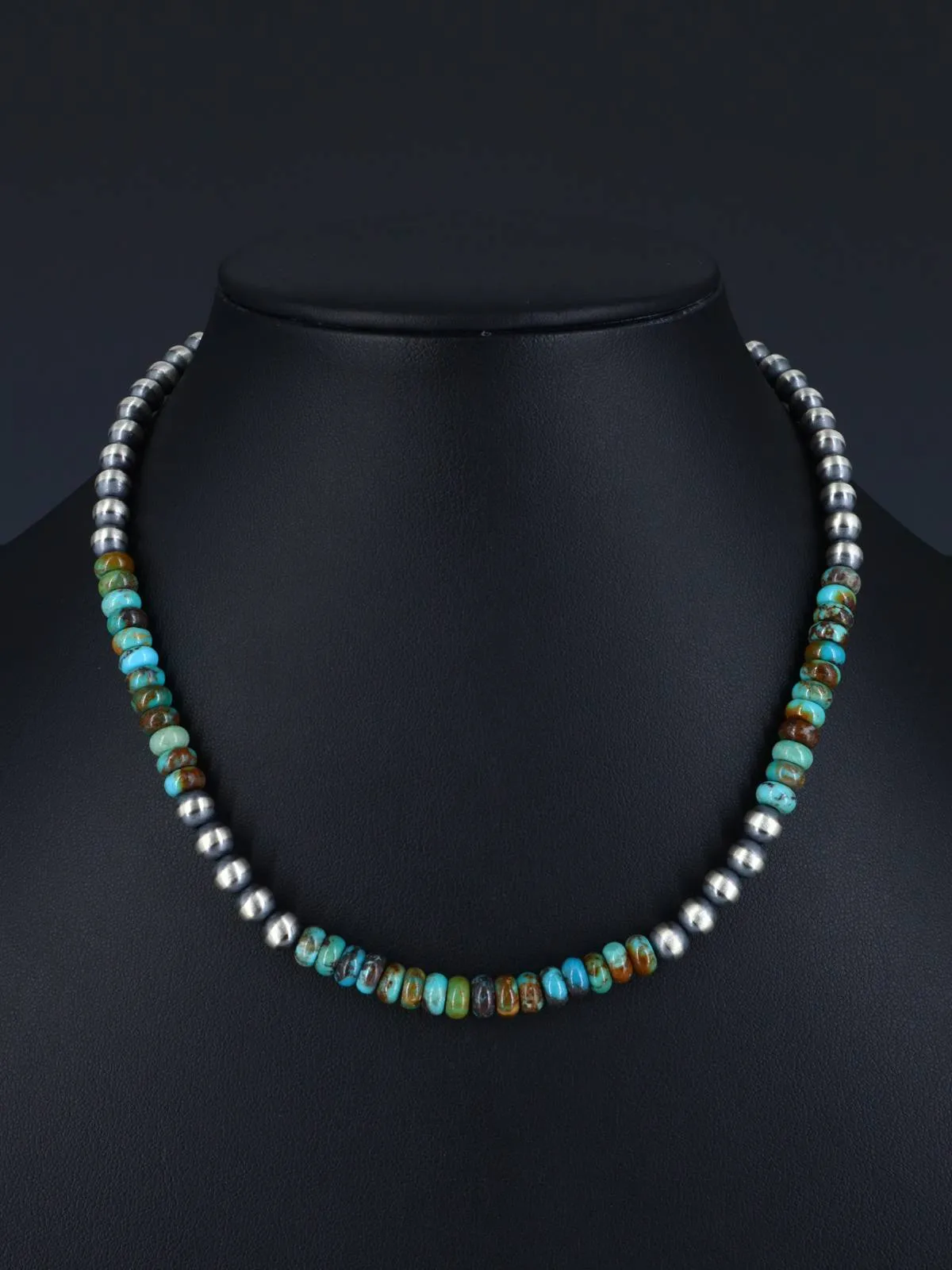 16" Native American Turquoise and Sterling Silver Beaded Necklace