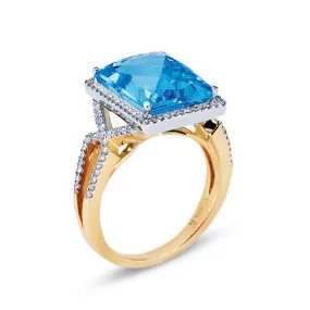 18K Two Tone Gold Ring With Diamonds And Center Blue Topaz