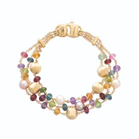 18K Yellow Gold Mixed Gemstone and Pearl Triple Strand Bracelet