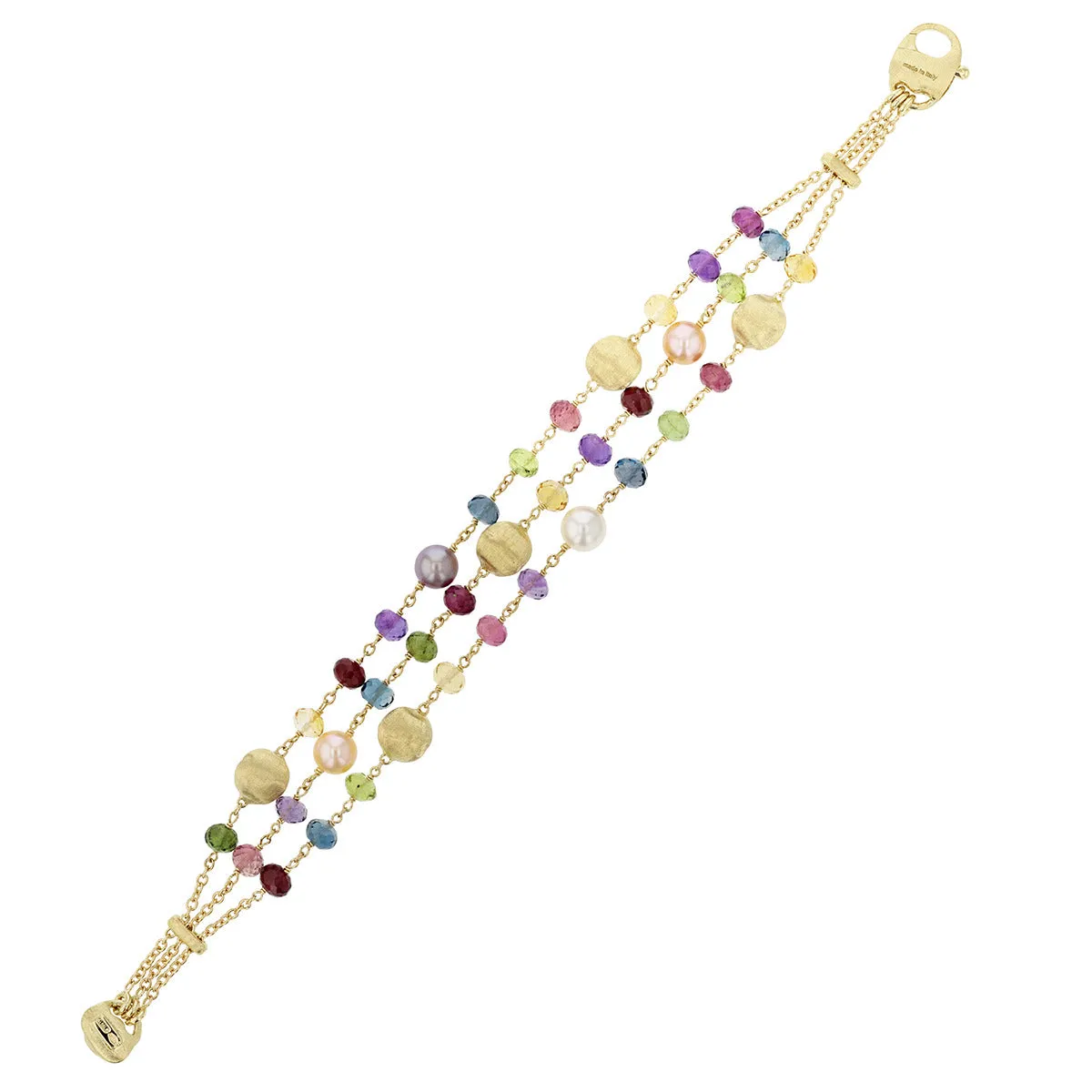 18K Yellow Gold Mixed Gemstone and Pearl Triple Strand Bracelet