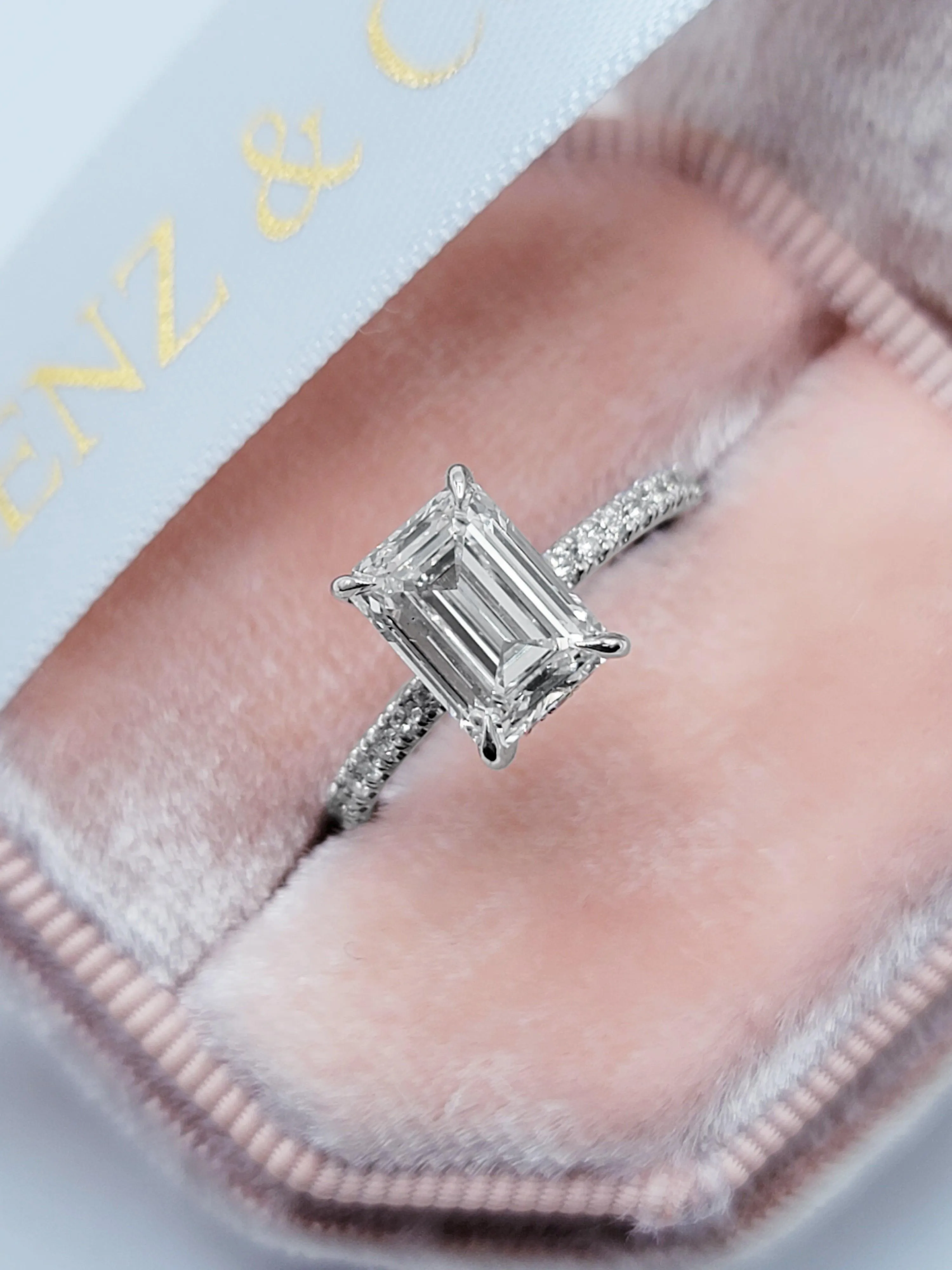 2.52 Carats Lab Grown Emerald Cut Micropaved Side Stones Hidden Halo Diamond Engagement Ring