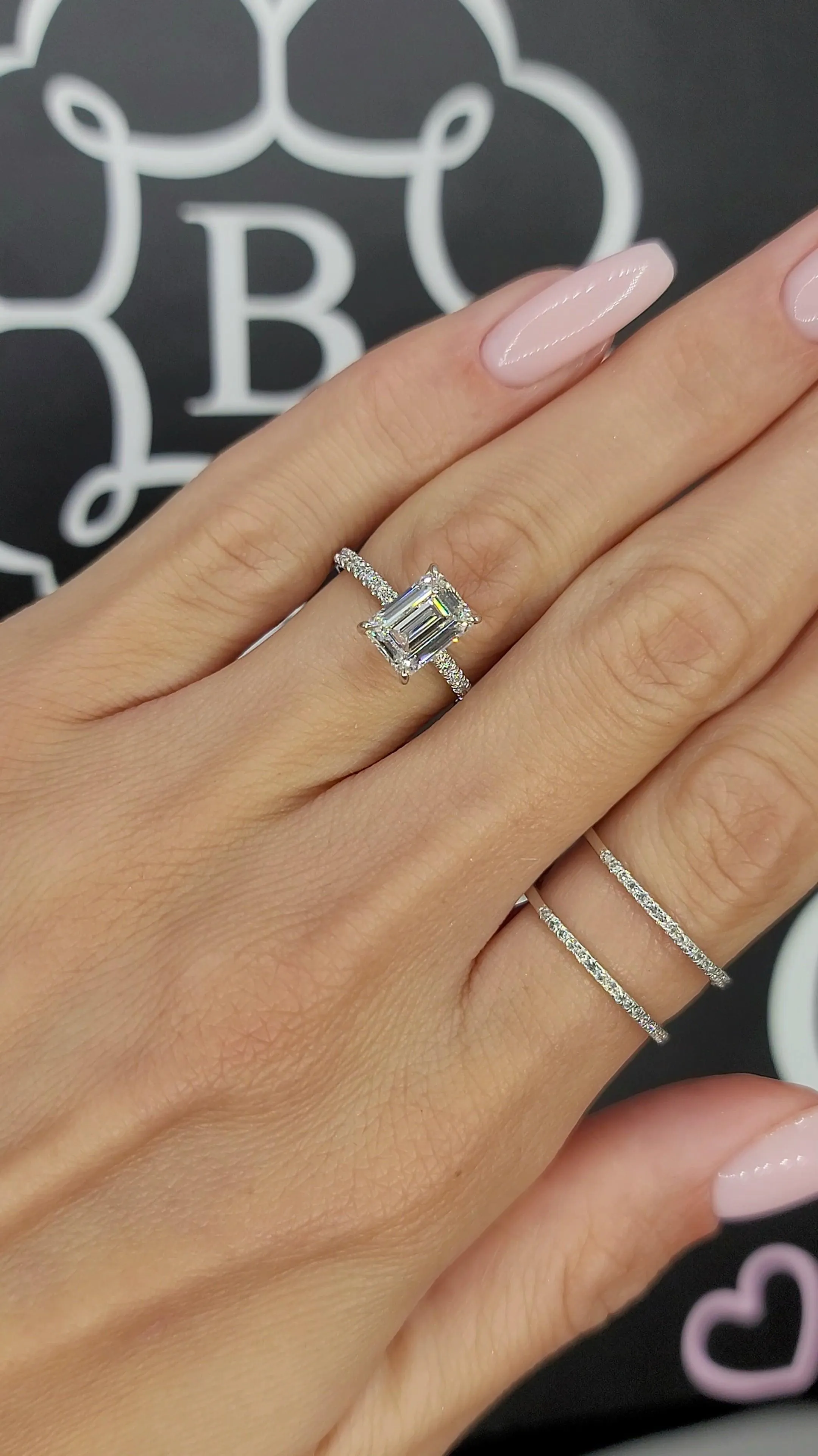 2.52 Carats Lab Grown Emerald Cut Micropaved Side Stones Hidden Halo Diamond Engagement Ring