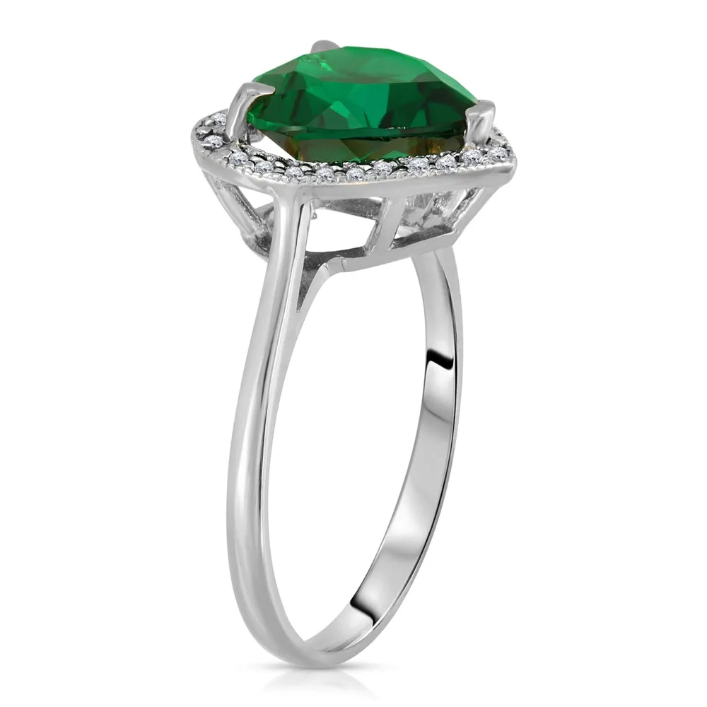 2.89 Carat Total Weight 14K Solid White Gold Emerald Natural Diamonds Halo Ring Brilliant Heart Shape Cut and Round Diamonds Anniversary Engagement Promise Ring