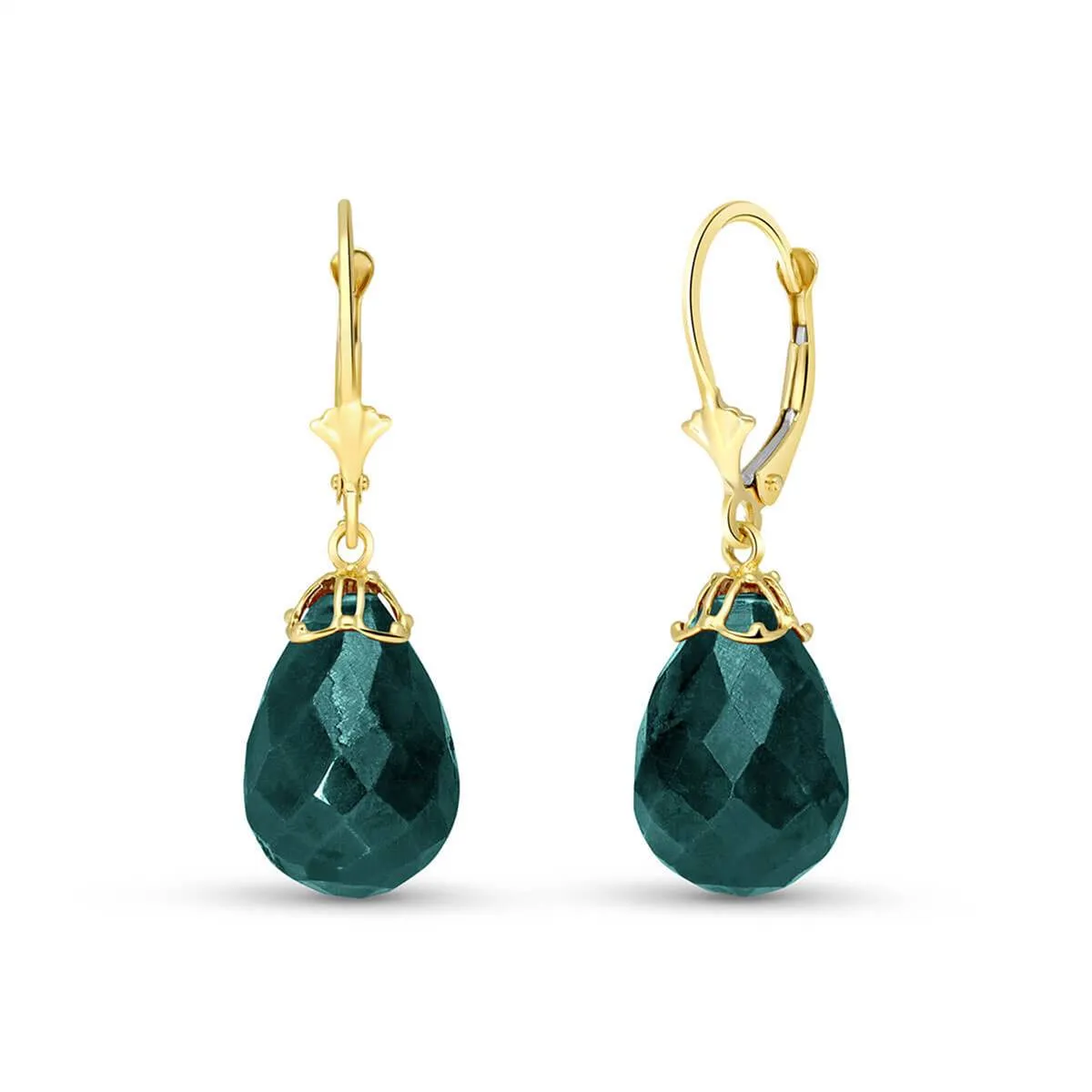 29.6 Carat 14K Solid Yellow Gold Leverback Earrings Briolette Emerald