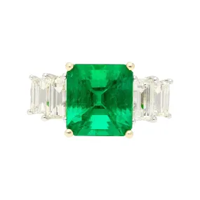 4.26 Carat Vivid Green Colombian Muzo Mine Emerald & Emerald Cut Side Diamond Ring