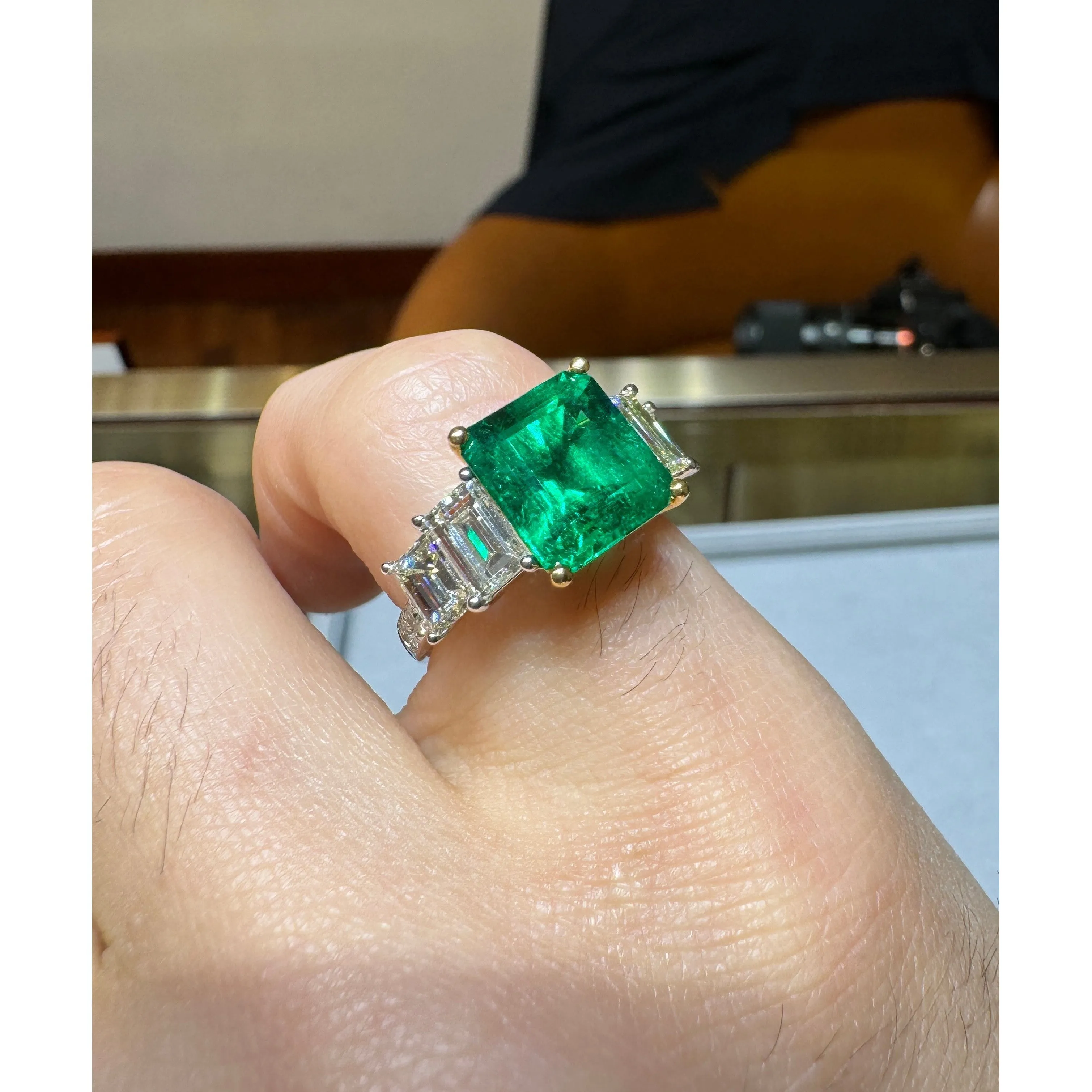 4.26 Carat Vivid Green Colombian Muzo Mine Emerald & Emerald Cut Side Diamond Ring