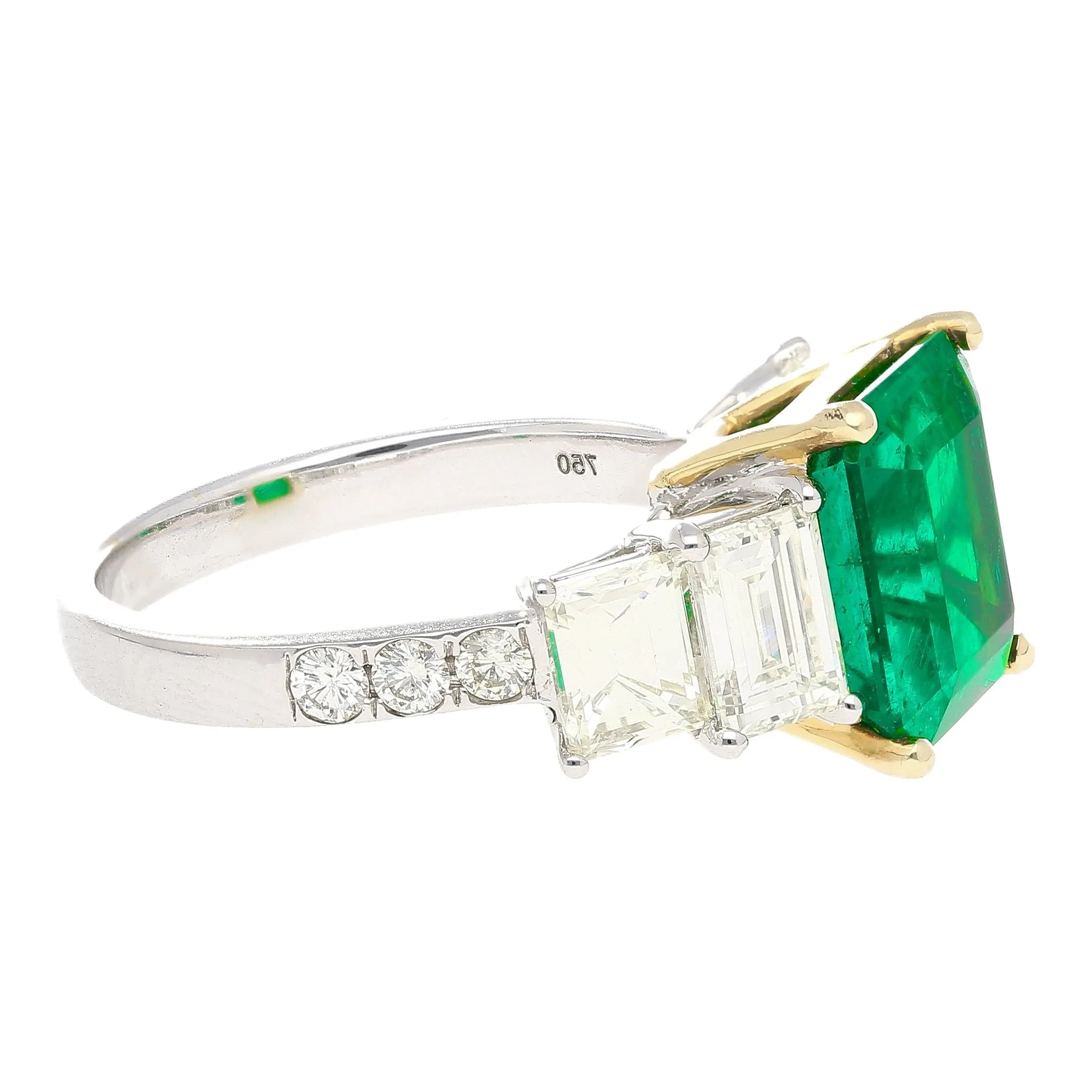 4.26 Carat Vivid Green Colombian Muzo Mine Emerald & Emerald Cut Side Diamond Ring