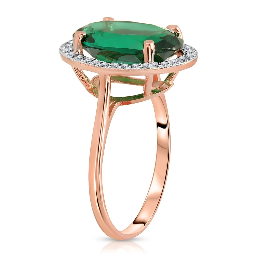 4.68 Carat Total Weight 14K Solid Rose Gold Emerald with Natural Diamonds Halo Ring Brilliant Oval Shape Cut Round Diamonds Anniversary Engagement Ring