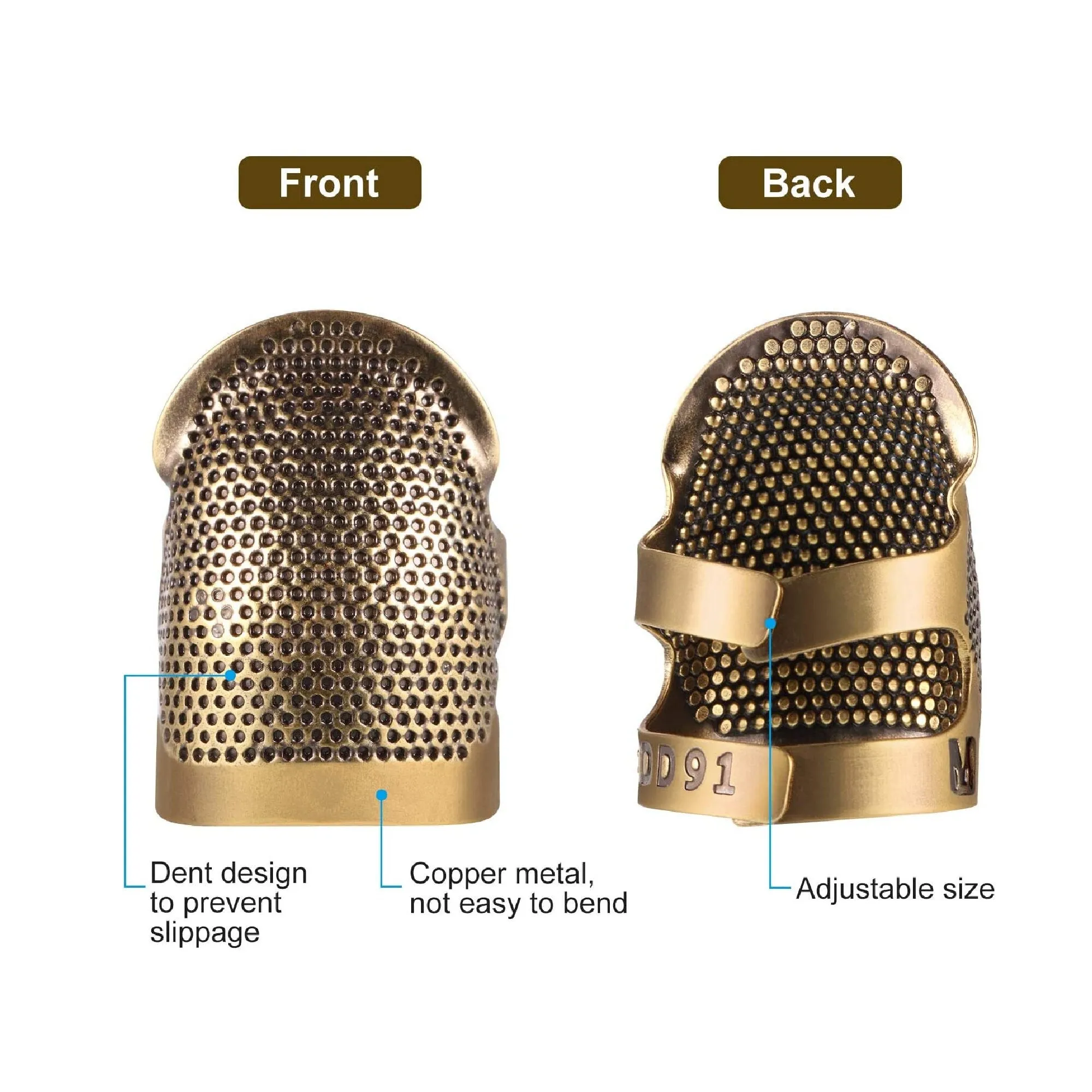 6 Pieces Copper Sewing Thimble | Adjustable Sewing Thimble | Ring Cap | Artificial Leather Coin Finger Guards