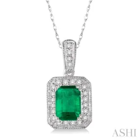 6x4 mm Emerald Cut Emerald and 1/5 Ctw Round Cut Diamond Pendant in 14K White Gold with Chain