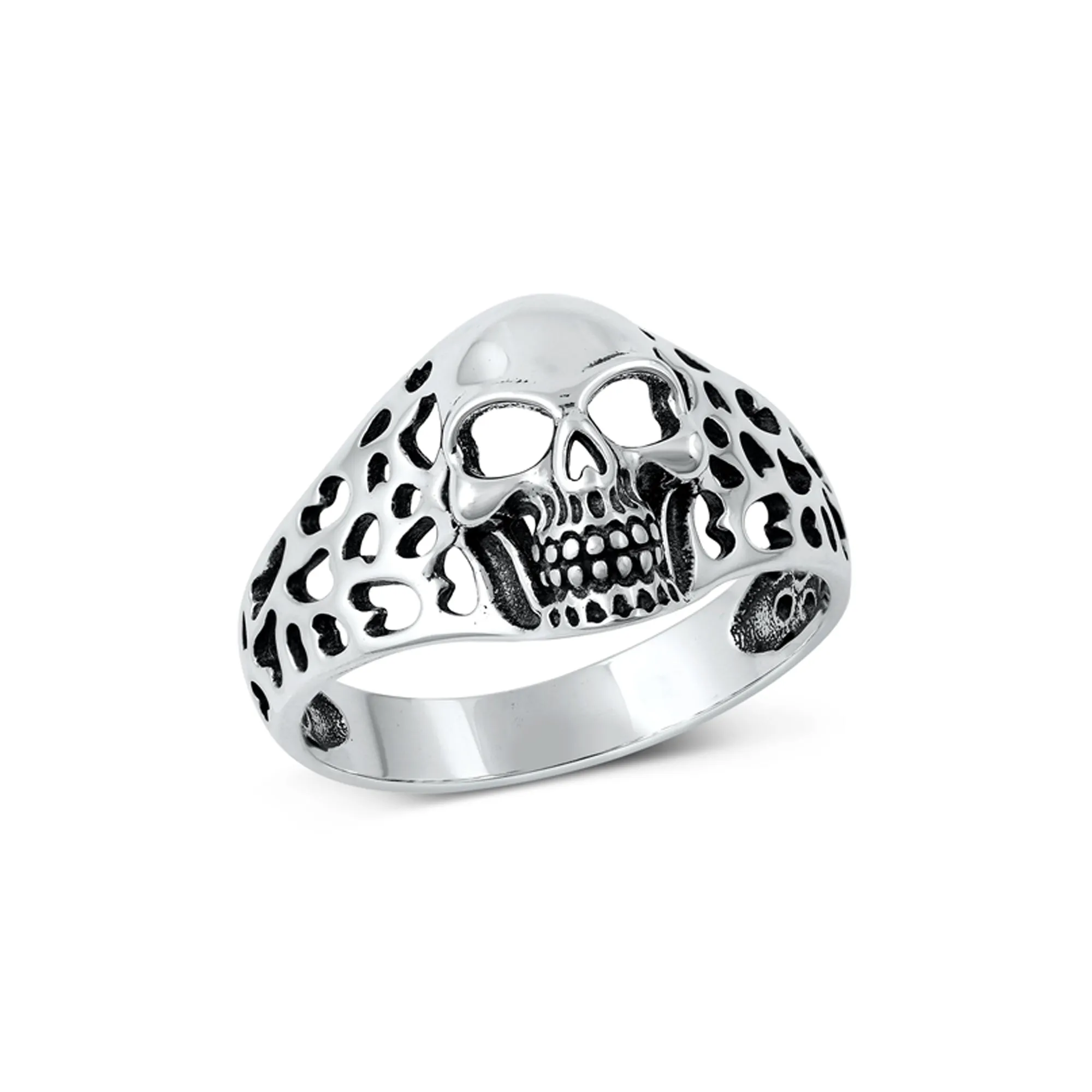 925 Sterling Silver Pirate Death Skull Ring for Men and Women. 15mm (0.6") Cutout Skull With Hearts Design.  Pirate Them Jewelry