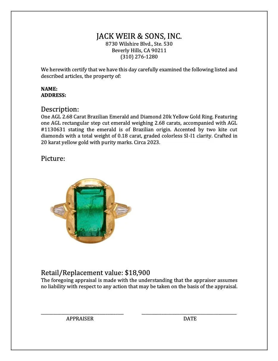 AGL 2.68 Carat Brazilian Emerald and Diamond 20k Yellow Gold Ring