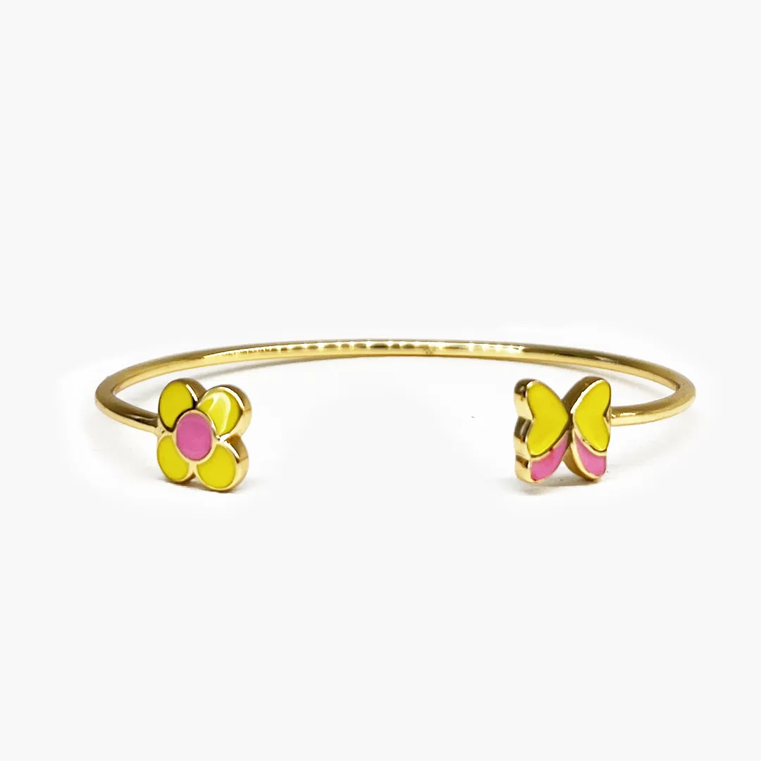 Amare Wear Butterfly Flower Pink & Yellow Enamel Handcuff Bracelet