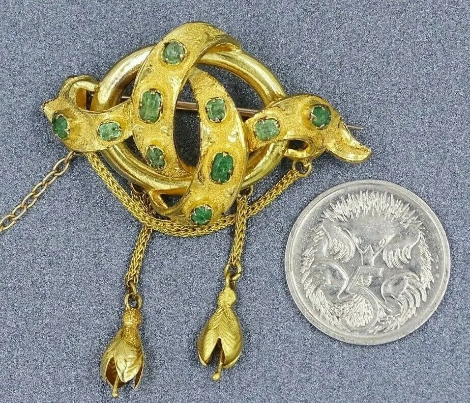 Antique (c.1860) Emerald 9ct Yellow Gold Brooch