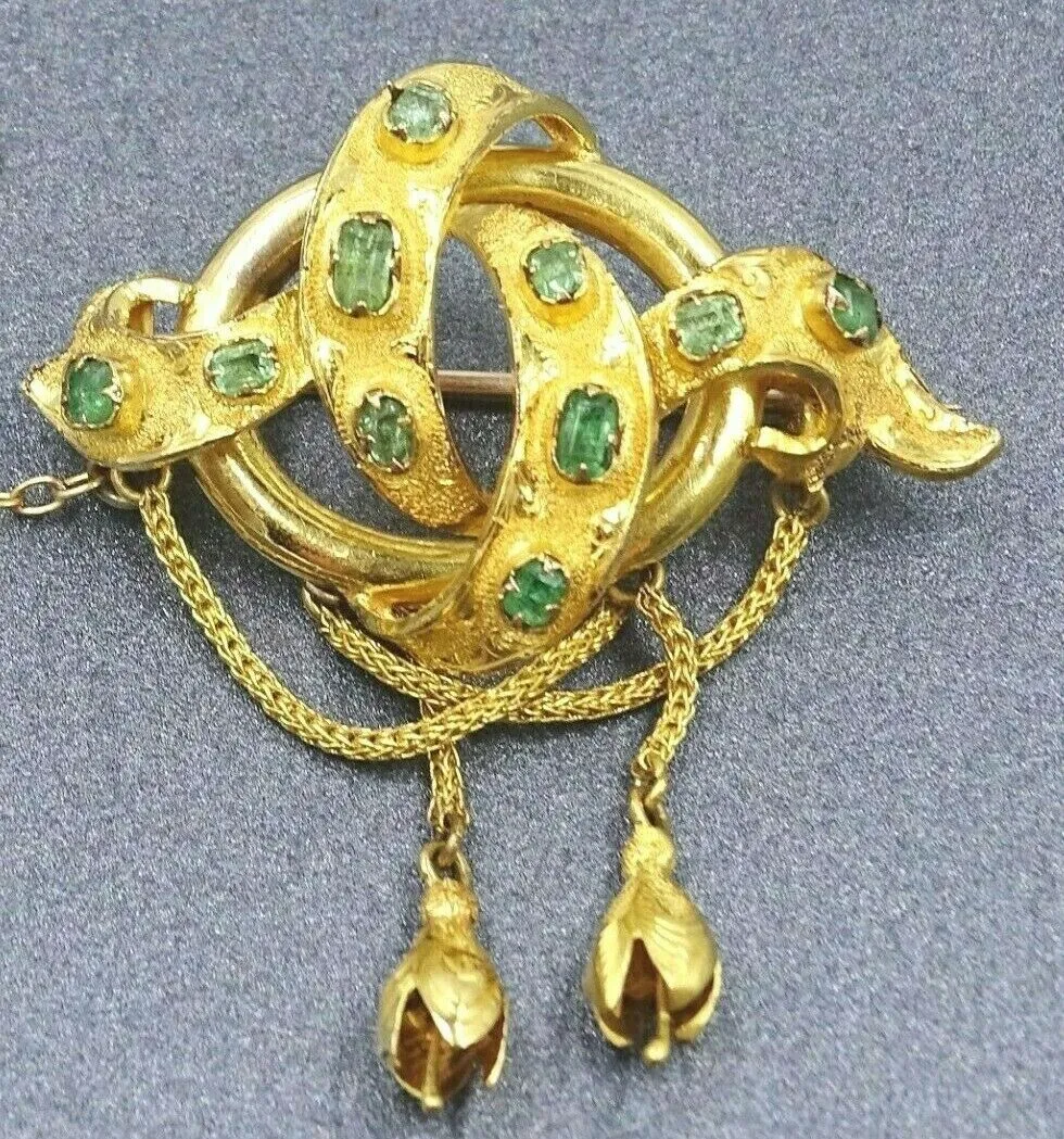 Antique (c.1860) Emerald 9ct Yellow Gold Brooch