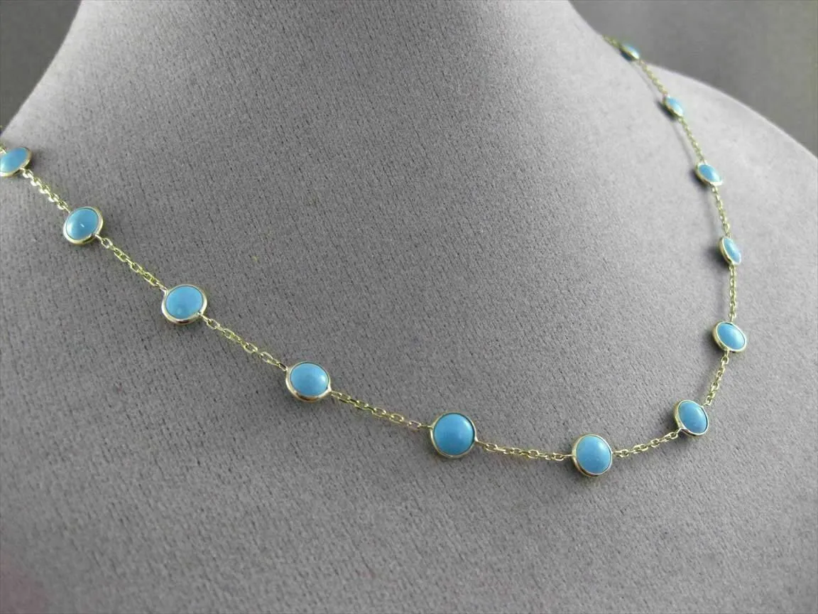 ANTIQUE EXTRA LONG 14KT YELLOW GOLD ROUND TURQUOISE BY THE YARD 3D NECKLACE