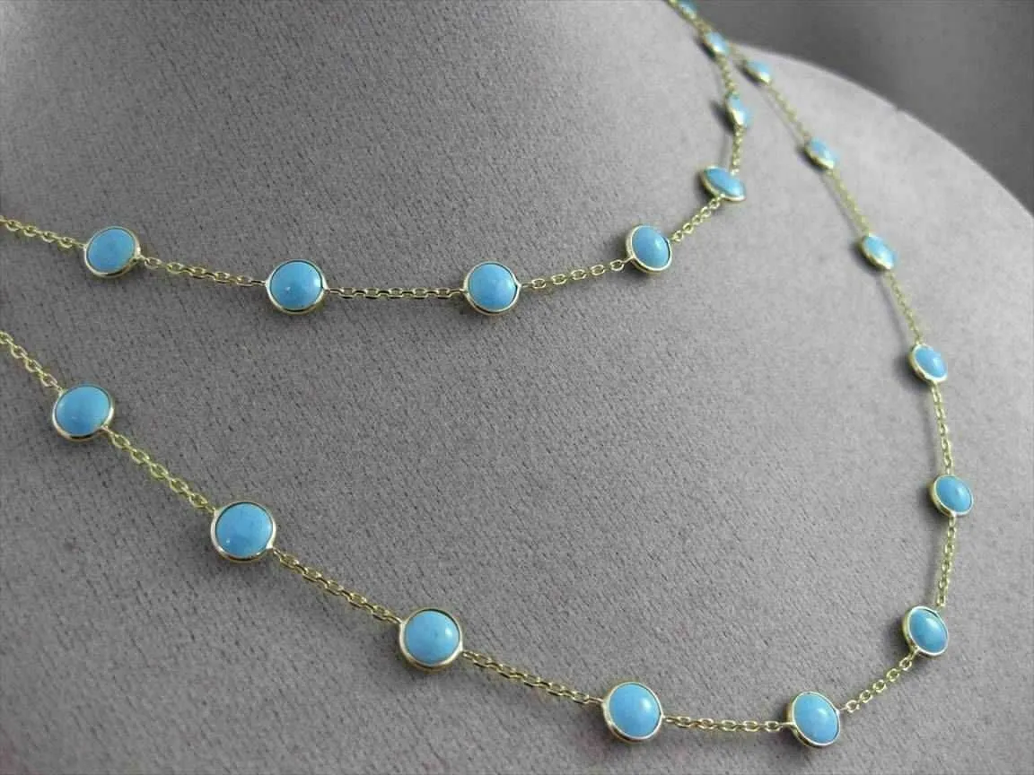 ANTIQUE EXTRA LONG 14KT YELLOW GOLD ROUND TURQUOISE BY THE YARD 3D NECKLACE