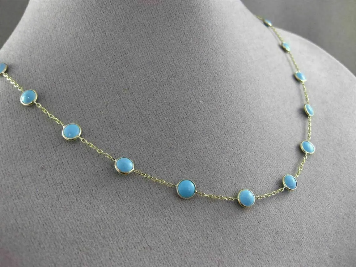 ANTIQUE EXTRA LONG 14KT YELLOW GOLD ROUND TURQUOISE BY THE YARD 3D NECKLACE